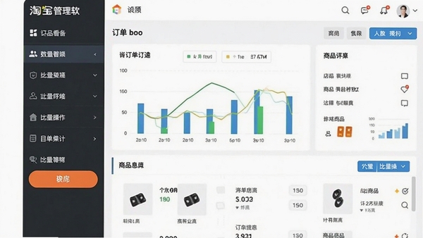淘宝网店管理软件主界面截图,左侧为功能导航栏,右侧显示店铺订单数据图表与商品列表,整体风格简洁明亮,突出数据看板和批量操作按钮