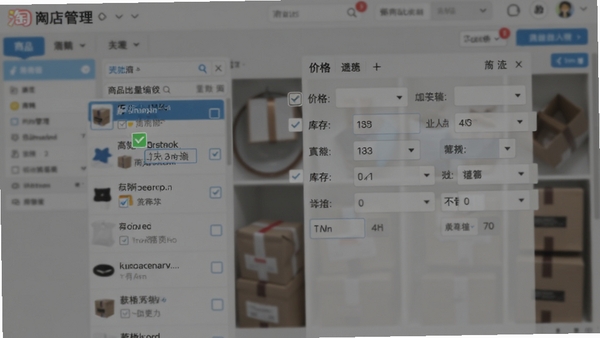 淘宝网店管理软件的商品批量编辑界面,左侧勾选多个商品列表,右侧展开价格、库存等可修改字段,背景为模糊的店铺后台,突出高效管理场景