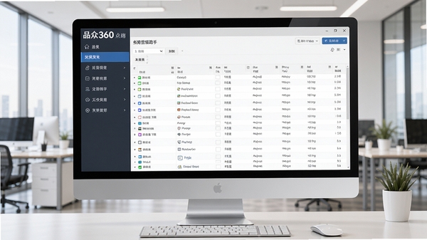 品众360点睛营销助手主界面预览图,展示软件在电脑桌面运行时的整体布局,左侧为功能导航栏,右侧为数据表格,背景为现代办公环境,画面清晰明亮,突出软件的专业性与高效性。