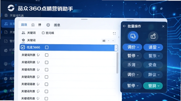 品众360点睛营销助手批量编辑功能操作示意图,界面中展示关键词列表,多行被选中并出现批量操作工具栏,包含调价、暂停等按钮,背景为蓝色科技感色调,突出高效便捷的操作体验。