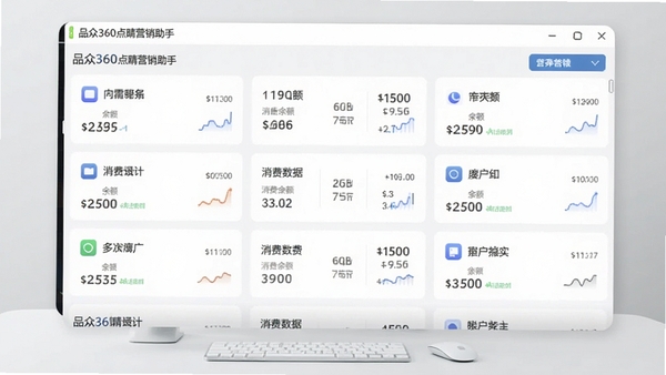 品众360点睛营销助手多账户管理功能截图,画面展示软件界面中多个账户的列表,每个账户卡片显示名称、余额、消费数据,背景为浅灰色桌面,风格简洁现代,突出数据清晰易读的特点。