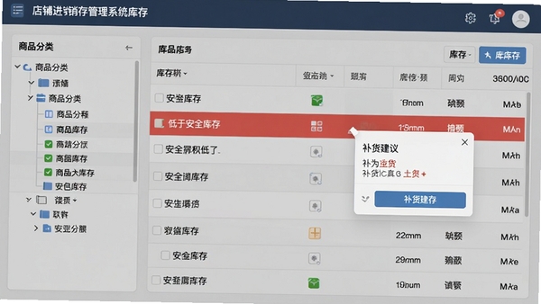 店铺进销存管理系统库存预警功能界面截图,左侧为商品分类树,右侧为库存列表,其中低于安全库存的商品行以红色高亮显示,并配有补货建议弹窗,整体UI风格清爽专业
