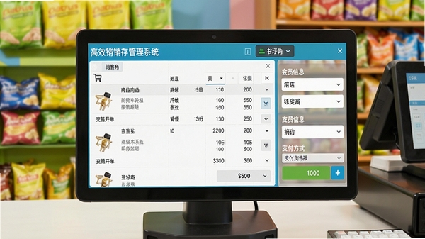 店铺进销存管理系统销售开单界面,购物车商品明细、会员信息、支付方式选择区域清晰可见,背景为收银台场景,画面色彩明亮,突出高效快捷的收银体验
