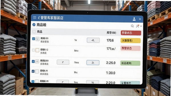 管家通服装店收银系统库存管理界面,展示商品列表、库存数量、预警状态,背景为仓库货架,衣物整齐叠放,画面体现库存清晰、管理有序的特点