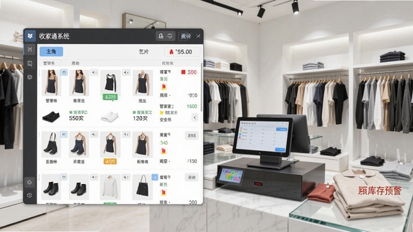管家通服装店收银系统主界面截图,展示清晰的商品列表、收银台操作区、库存预警提示,背景为现代简约风格的服装店内景,货架上整齐陈列各类衣物,整体画面明亮、专业,突出软件界面与服装零售场景的融合
