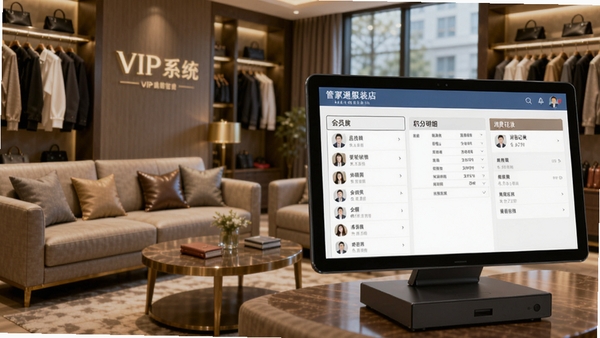 管家通服装店收银系统会员管理界面,展示会员列表、积分明细、消费记录,背景为服装店VIP休息区,沙发茶几,体现会员尊享服务与精细化运营理念