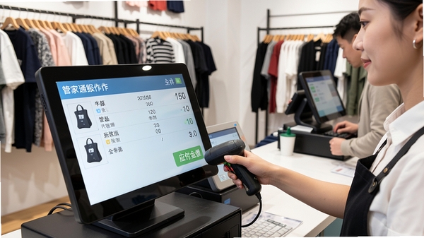 管家通服装店收银系统前台收银操作画面,收银员正在扫描商品条码,屏幕显示商品明细与应付金额,背景为服装店收银台,顾客正在等待结账,画面体现高效、便捷的收银流程