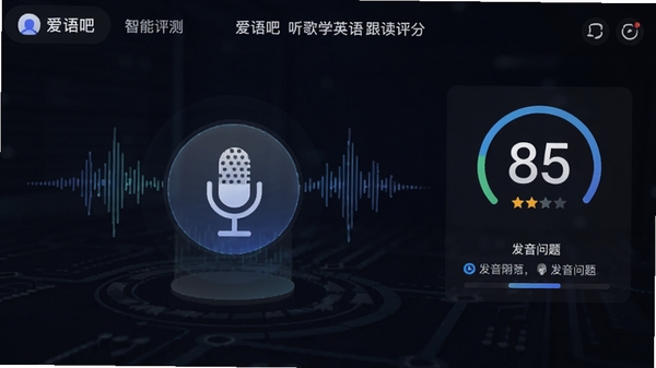 设计一张展示爱语吧听歌学英语跟读评分功能的界面图,画面中一个麦克风图标位于中央,周围有波形动画,右侧显示85分评分和发音问题提示,背景为深色科技感风格,突出智能评测主题
