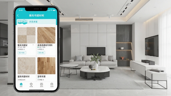 猴尚书建材网APP主界面预览图,手机屏幕中展示瓷砖、地板等建材商品列表,背景为现代简约的室内装修效果图,整体色调明亮清晰,突出软件的信息展示功能