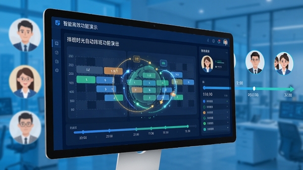 排班时光自动排班功能演示,屏幕上显示算法正在生成班次的动画效果,背景有员工头像与时间轴,整体色调明快,突出智能和高效的感觉