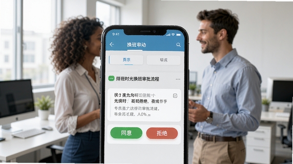 排班时光换班审批流程界面,手机屏幕上显示一条换班申请消息,有同意和拒绝按钮,背景是办公室内两位同事交流的场景,画面清晰自然,突出便捷的移动办公体验