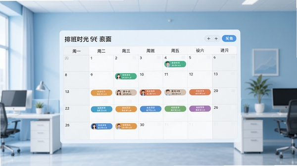 排班时光软件主界面展示图,画面中央是一块清晰的周排班日历,上面有不同颜色的班次标签,背景为简洁的办公室环境,浅蓝色调,整体风格清爽专业,突出软件的名称和智能排班功能
