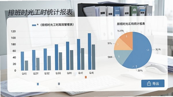 排班时光工时统计报表截图,画面展示柱状图与饼图,旁边有导出按钮,背景是办公桌上的电脑和文件,整体商务风格,强调数据准确与高效管理