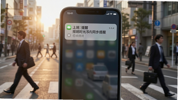 排班时光手机同步提醒界面,手机屏幕显示一条上班提醒通知,背景是清晨的街道和匆忙的上班族,画面生活化,突出及时提醒的实用场景