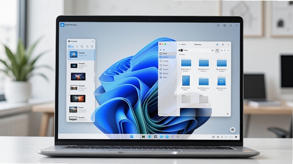 一张宽幅电脑桌面场景,一台现代Windows笔记本电脑屏幕亮起,显示着iPad for Windows软件的主界面,界面风格简洁清晰,左侧是设备列表,右侧是文件管理窗口。背景是简约的办公室,有绿色植物点缀,光线明亮柔和,整体风格专业且现代。画面主体突出软件界面,背景虚化处理。