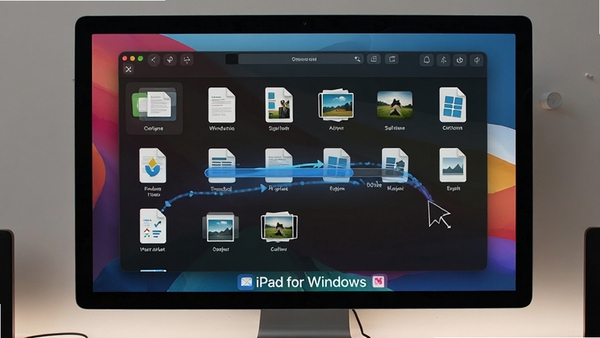 iPad for Windows软件的文件管理功能预览图,画面显示电脑屏幕上软件界面正在进行批量文件拖拽操作,多个文档和图片文件以缩略图形式整齐排列,并有一条流畅的进度条动画。界面采用深色主题,科技感强,文件图标细节清晰可见。