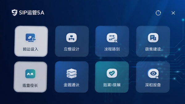 一款名为SIP运管的手机软件界面预览图,主界面展示清晰的功能模块图标,背景为深蓝色的科技感渐变底色,整体风格简洁现代,突出软件专业与高效的气质