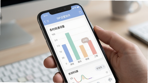 SIP运管软件在手机上运行的通话记录统计页面,柱状图显示各时段通话量,色彩搭配柔和,数据清晰直观