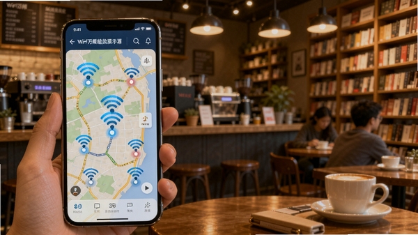 WiFi��˳Կ���ȵ���Դʾ��ͼ������չʾ�ֻ���Ļ�е�ͼ�Ϸֲ��Ŷ��WiFi�źŵ㣬����Ϊ���ȹݺ�����ھ���ůɫ�������ֺ����ȵ�ĸ��Ƿ�Χ����ͼͻ�����ݷḻ��