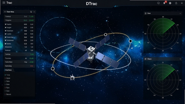 DTrac卫星追踪软件主界面,深蓝色星空背景,中央显示一颗卫星的三维轨道轨迹,界面简洁现代,包含数据面板和雷达图,整体科技感十足,高清渲染