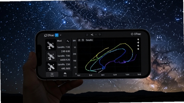 DTrac软件在手机上的运行效果图,背景为夜空星星,手机屏幕清晰显示卫星追踪数据面板和轨迹图,构图富有沉浸感,体现移动端观测的便利性