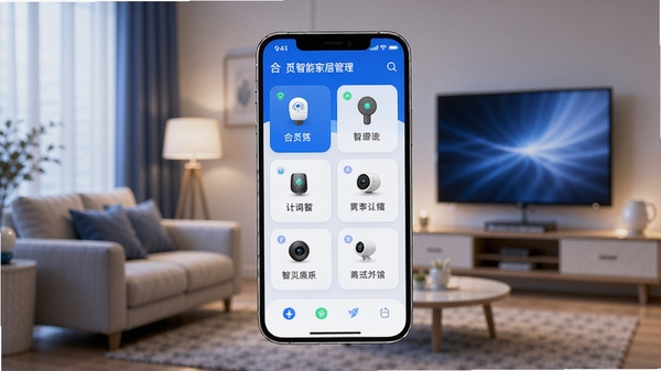 �������ܼҾӹ���APP������չʾ������������һ���ֻ���Ļ����Ļ����ʾ��������豸���ƿ�Ƭ����������ܰ���ִ�����������������ͣ�ɫ��������Ϊ����������Ƽ���������н��ڣ�4k���壬��Ʒ��Ⱦͼ
