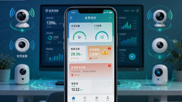 �����豸״̬�����澯����չʾ�������������ֻ�APP���棬��ʾ����豸��״̬��Ƭ�͸澯��Ϣ�����������ܼҾӿ������ĳ�����������ͷ�����������豸ͼ�꣬ɫ��������Ϊ����ͻ����ȫ�кͿƼ���