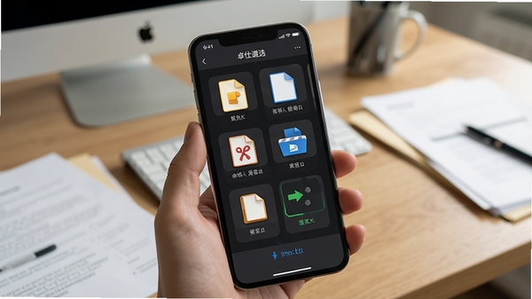 卓仕遴选多格式兼容界面,手机屏幕显示多种文件类型图标与导入状态,背景为办公桌面散落的各种文档,色调柔和,突出软件的实用性与通用性