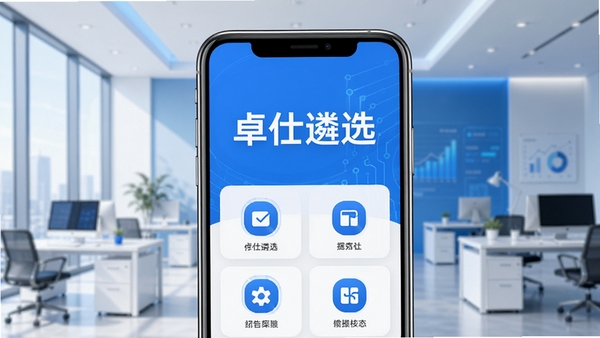 卓仕遴选主界面展示,手机屏幕中央显示软件名称和核心功能图标,背景为现代简约的办公场景,色调以蓝白为主,光线明亮,突出软件的科技感与专业感