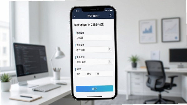 卓仕遴选自定义规则设置界面,手机屏幕展示规则编辑页面,包含条件设置与保存按钮,背景为简洁的办公环境,强调个性化与灵活性