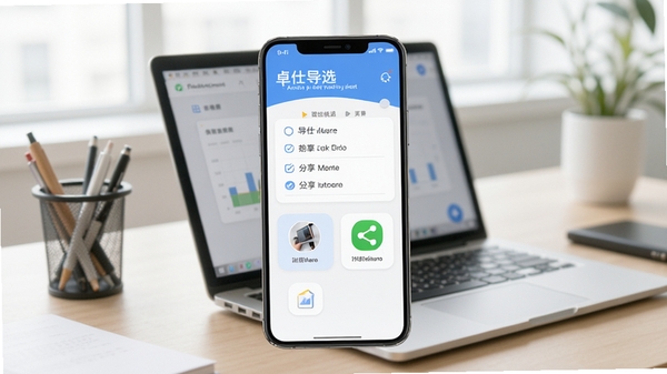 卓仕遴选导出分享功能演示,手机屏幕显示导出格式选项与分享渠道图标,背景为办公桌与笔记本电脑,画面明亮,强调便捷与效率