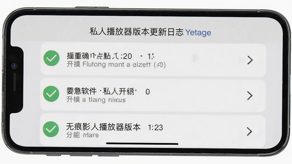 无痕影片私人播放器版本更新日志界面截图,手机屏幕内展示更新内容列表,有对勾和箭头图标,背景为浅灰色,整体风格简洁,强调软件升级与功能优化主题