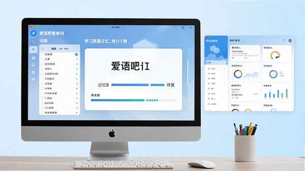 爱语吧爱语背单词软件主界面,左侧词库列表,右侧单词卡片与记忆进度条,整体风格简洁明亮,背景为淡蓝色渐变,桌面电脑屏幕显示学习数据统计面板,画面清晰,细节丰富