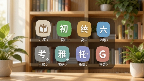 爱语吧爱语背单词词库选择界面,展示小学、初中、高中、四级、六级、考研、雅思、托福等分类图标,背景为书架与绿色植物,画面明亮,体现学习氛围
