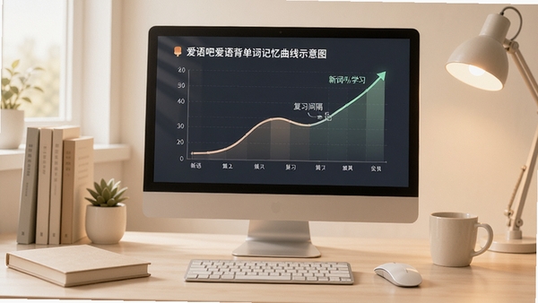 爱语吧爱语背单词记忆曲线示意图,展示新词学习与复习间隔的优化过程,背景为干净的书桌场景,电脑屏幕显示记忆进度图表,画面色调柔和,突出学习效率提升