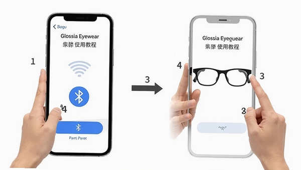 Glossia EyewearӦ��ʹ�ý̳�ʾ��ͼ��չʾ�ֻ������۾��Ĳ��裬�����������ͼ�ꡢ��԰�ť������Ϊ�ɾ��İ�ɫ������ָʾ��������������ָ��������Booguģ������