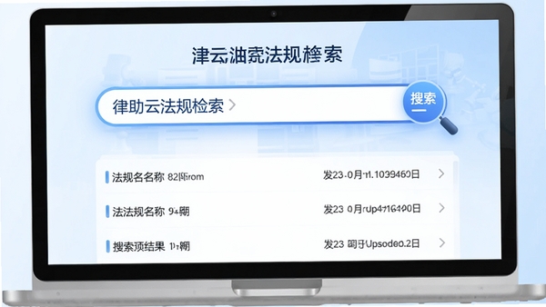 律助云法规检索页面,搜索框突出显示,下方展示搜索结果列表,包含法规名称与发布时间,背景为淡蓝色渐变,辅以放大镜图标,体现快速检索与全面覆盖的特点。