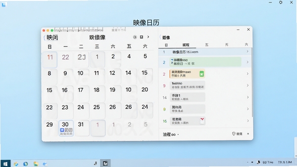 映像日历主界面全貌,显示桌面日历挂件,左侧为日期网格,右侧为日程列表,背景为简约的浅蓝色渐变,整体风格干净明亮,软件名称“映像日历”标识清晰可见