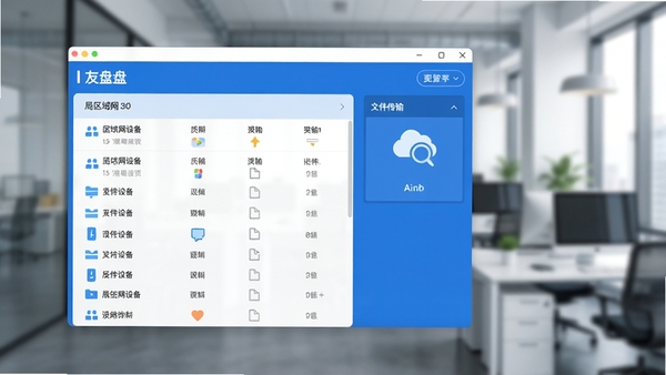友盘软件主界面预览图,展示清晰的局域网设备列表与文件传输功能面板,界面风格简洁现代,以蓝白为主色调,背景为虚化的现代办公环境