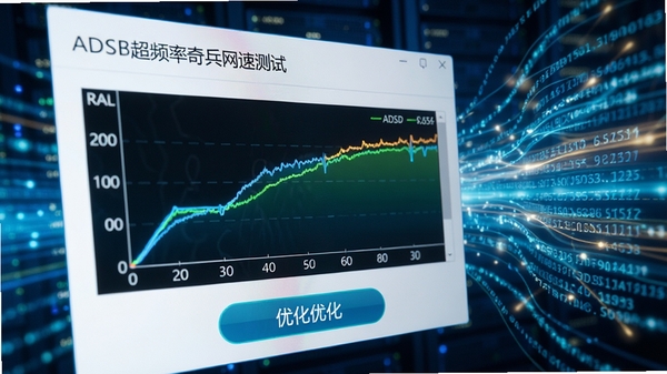 ADSL超频奇兵网速测试界面特写,显示实时速率曲线与优化按钮,背景为网络数据流动的抽象光效,画面明亮清晰,突出科技感与速度感