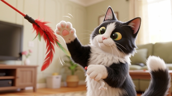 比比拉布猫咪在客厅里用爪子拨弄一根红色逗猫棒,猫咪后腿站立,前爪扑向逗猫棒,动作生动,画面捕捉动态瞬间,背景为模糊的室内环境,光线明亮,3D卡通渲染风格,细节丰富,展现猫咪的活泼与好奇。