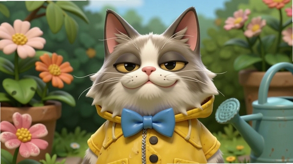 比比拉布猫咪戴着蓝色蝴蝶结和黄色小雨衣,站在花园里,周围有花朵和洒水壶,猫咪表情得意,展示其可爱的装扮,画面明亮,色彩鲜艳,3D渲染,突出服装细节和猫咪的得意神态。