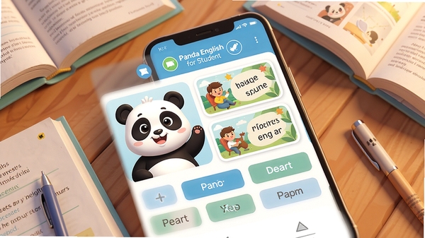 һ�Ÿ����ӽǵ������ֻ���Ļ��д����Ļ����չʾPanda English for Student�ĵ���ѧϰģ�飬�������è��ͨ�����Ҳ��Ǵ��о�����ͼ��Ӣ�ĵ��ʿ�Ƭ���·����ĸ�ѡ�ť���ֻ���Χɢ���ż���������Ӣ��̲ĺ�һ֧�ʣ����汳��Ϊ��ܰ��ľ��������������ͣ�Ӫ���רע�����ʵ�ѧϰ��Χ��