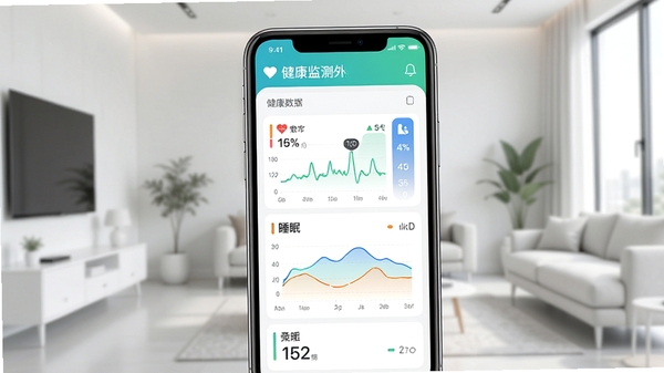 健康监测仪软件主界面,展示健康数据仪表盘,背景为现代简约风格的室内环境,手机屏幕显示心率、血压、睡眠等数据图表,色彩清新明亮,整体画面干净通透