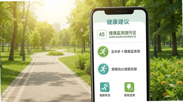 健康监测仪健康建议页面,手机屏幕显示文字建议和图标,背景为户外公园,有绿色植物和步行道,阳光明媚,传达积极健康的生活方式