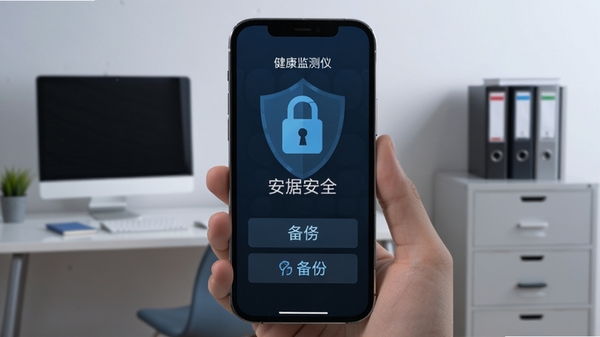 健康监测仪数据安全界面,手机屏幕显示加密锁图标和备份选项,背景为简洁的现代书房,有电脑和文件柜,色调以蓝色和灰色为主,体现安全可靠感