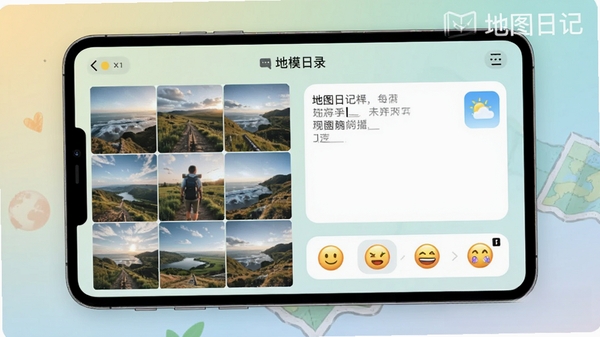 ��ͼ�ռǵ��ռǱ༭ҳ�棬��Ļ������Ƭ�Ź����������������ͼ����������ѡ����������Ϊ��ͽ��䣬���沼�����������ֶ�ģ̬��¼���ܣ��������С���ͼ�ռǡ�ˮӡ�����������Ȼ��