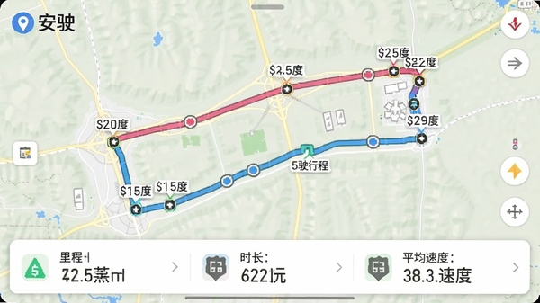 ��ʻ�г̹켣��ͼ��ͼ����ʾ��ɫ·���������ٶȱ�ǵ㣬��ͼ���Ϊǳɫ����ͼ���ײ����г����ݿ�Ƭ��������̡�ʱ����ƽ���ٶȣ����Ͻ��С���ʻ����ʶ����������ʵ��