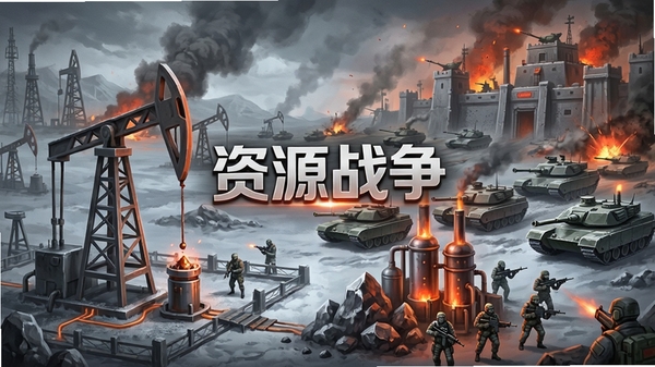 一幅描绘资源战争游戏核心全景的竖版概念图,前景是玩家基地中正在运转的采油井和矿石精炼厂,中景是列队行进的坦克与武装士兵,背景是硝烟弥漫的战场与敌军要塞,整体色调偏冷灰与橙红,突出资源争夺的紧张感与军事科技感,画面中央醒目地标注“资源战争”字样,适配手机游戏宣传图比例