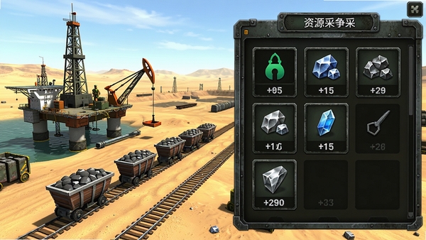 资源战争游戏内资源采集界面截图风格图片,画面左侧显示石油钻井平台与矿车运输轨道,右侧是资源仓库的库存面板,图标清晰标注石油、矿石、稀土等物资数量,界面UI采用军事风格深色金属质感,背景是广袤的荒漠矿区,整体画面明亮细致,突出资源管理玩法